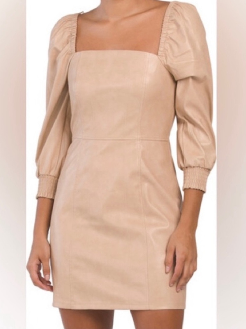 7 For All Mankind Beige Vegan Faux Leather Puff Sleeve Mini Dress. Size XS